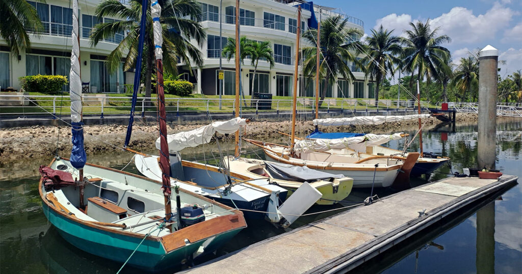 Traditional boats moored at Krabi marina lagoon Thailand